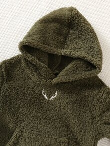 SHEIN 小男孩休閒百搭寬鬆舒適抓絨連帽衛衣，適合秋冬穿著 - 軍綠色 - 查看 4
