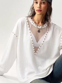 Bohemela 女款性感網紗拼接鉚釘長袖運動衫 - 白色 - 查看 1