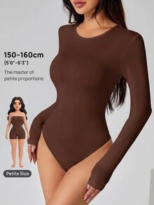 SHEIN PETITE 純色長袖修身白色T恤連身褲 - 棕色 - 查看 1