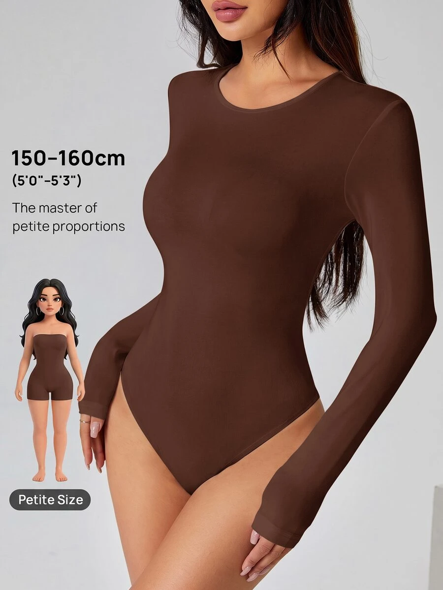 SHEIN PETITE 純色長袖修身白色T恤連身褲 - 棕色 - 查看 1