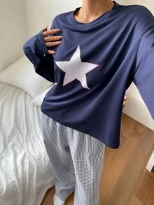 DAZY Autumn/Winter Star Pattern Loose Top And Plaid Pajama Pants Set For Women - Navy Blue - View 6