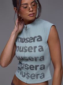 MUSERA Grey Short Sleeve Graphic Zip Up Top Winter Autumn Everyday Casual Going Out Cool Weekdaze - Coffee Brown - View 2