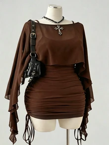 Sunspun Plus Size Spring/Summer Sheer Top & Slim Fit Drawstring Camisole Dress 2 Pieces Set - Coffee Brown - View 1