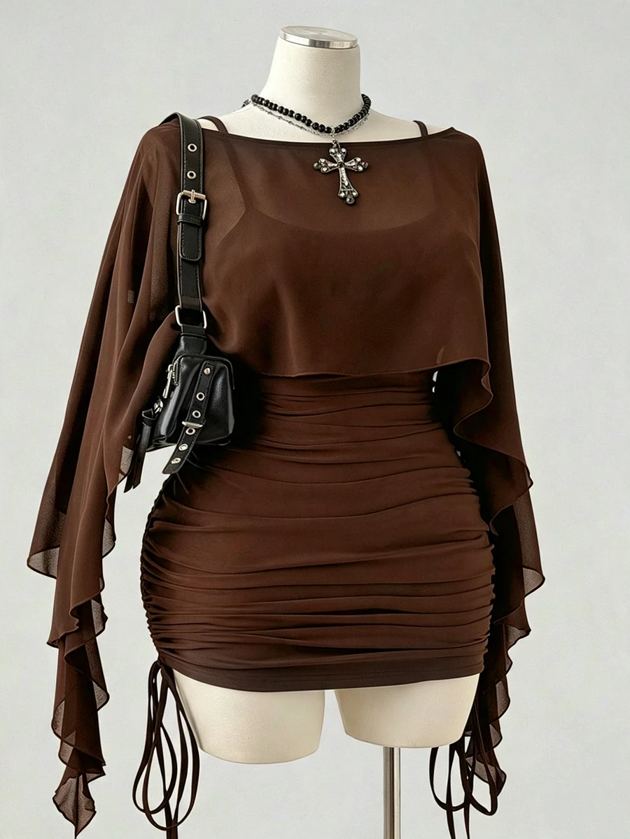 Sunspun Plus Size Spring/Summer Sheer Top & Slim Fit Drawstring Camisole Dress 2 Pieces Set - Coffee Brown - View 1