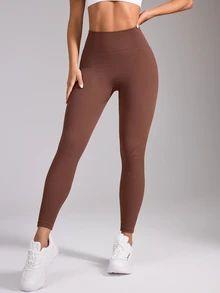 SHEIN Sports 女款純色高腰休閒日常旅行運動緊身內搭褲 - 棕色 - 查看 6