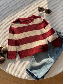 SHEIN 中性嬰兒男/女童、幼兒秋冬保暖內裡加厚可愛紅色條紋毛衣，嬰兒冬季毛衣，聖誕毛衣 - 紅色 - 查看 5