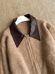 Grovea Plus Size Leather Collar Zipper Long Sleeve Knit Cardigan Drop Shoulder Knit Jacket Top, Autumn/Winter - Khaki - View 5