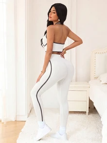 SHEIN Sports 女款拼色滾邊露背掛脖上衣與緊身褲運動套裝 - 淺灰色 - 查看 2