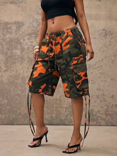 Denimoi Jorts de camuflaje oversized con bolsillos cargo, jeans de moda streetwear para chica cool, jorts de camuflaje de verano