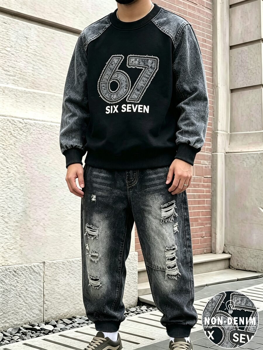 2件組青少年男孩非丹寧水洗丹寧效果插肩袖 67 生邊拼接數字字母印花運動衫 + 慢跑長褲套裝,圓領長袖套頭上衣,鬆緊腰破損收口長褲,加厚秋冬款,街頭休閒大童兩件套 - 彩色 - 查看 1
