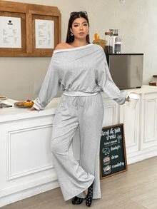 Muchica Plus Size Asymmetrical Shoulder Sweatshirt And Drawstring Waist Flared Pants 2 Pieces Set Fall - Light Grey - View 6
