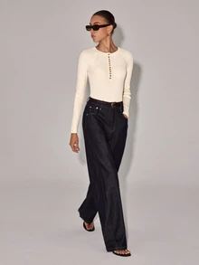 Anewsta Essential Women's Henley Neck Button Detail Long Sleeve Ribbed Knit Top Minimalist Slim Fit Solid Basic Sweater - White - View 8