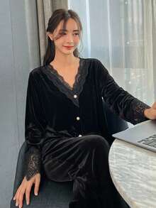 DAZY 女款對比色蕾絲長袖單排扣上衣與長褲居家服套裝 - 黑色 - 查看 14