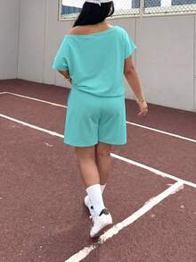 Muchica Conjunto de 2 piezas de top con cuello asimétrico y shorts de unicolor casual de verano para talla grande - Agua verde azul - Ver 2