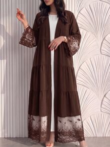 Yasmyna Women's Black V-Neck Lace Embroidered Patchwork Cardigan Long Robe, Layered Patchwork Flared Long Robe For Spring/Autumn Daily Commute And Dating - Coffee Brown - View 5