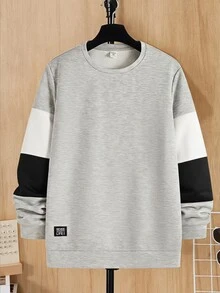 SHEIN 青少年男孩休閒圓領長袖拼色拼接袖衛衣，寬鬆版型，適合春夏秋冬，休閒學院風 - 淺灰色 - 查看 8