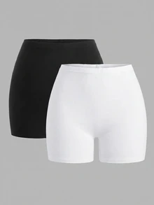 SHEIN EZwear 大尺碼女款純色休閒百搭日常穿著緊身內搭短褲 - 黑與白 - 查看 1