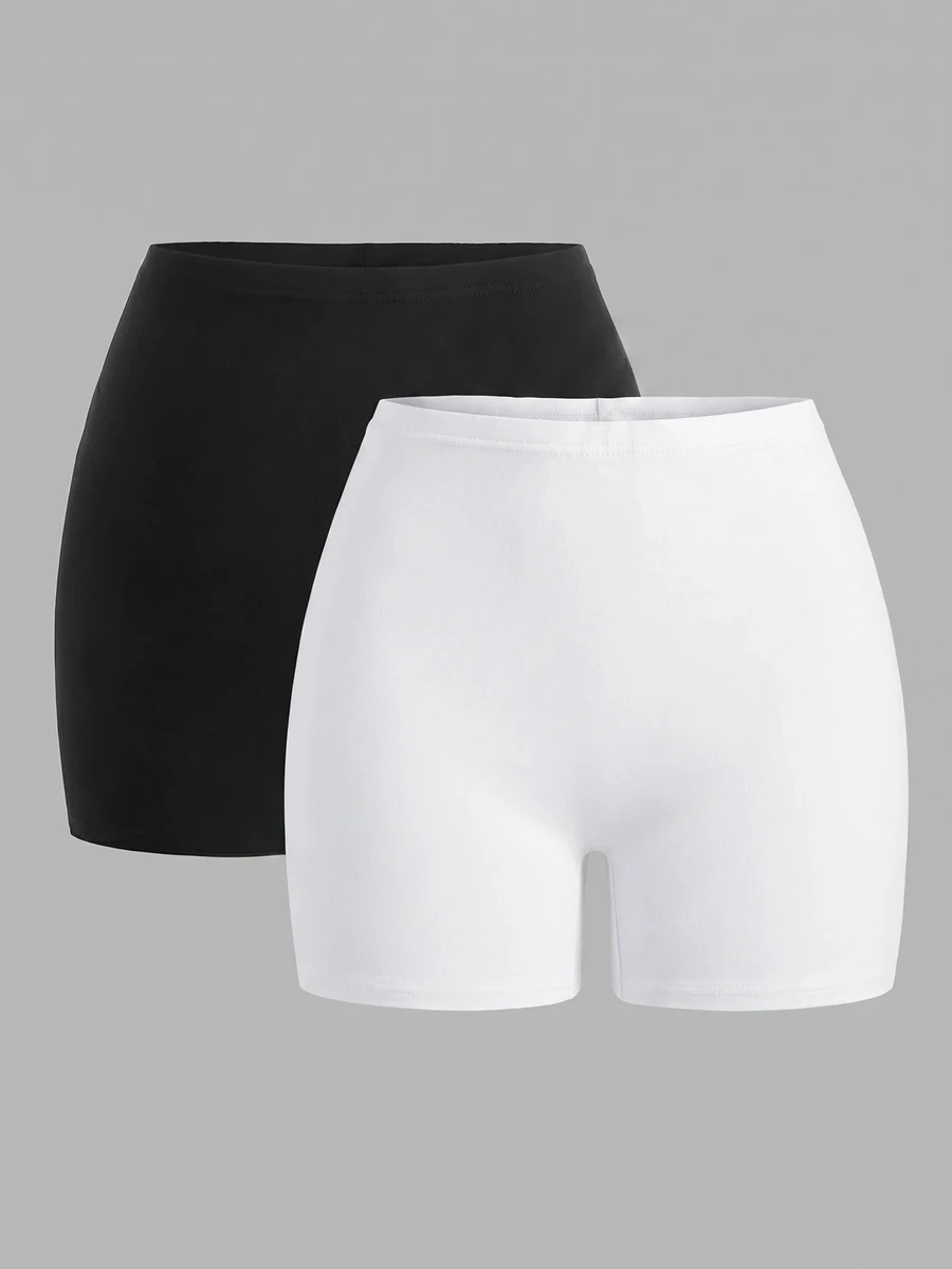 SHEIN EZwear 大尺碼女款純色休閒百搭日常穿著緊身內搭短褲 - 黑與白 - 查看 1