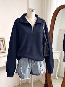 SHEIN 青少年女孩純色休閒百搭日常穿著長袖運動衫 - 藏蓝色 - 查看 5