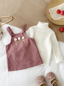 SHEIN 女嬰編織純色3D蝴蝶結刺繡背心裙 - 粉色 - 查看 6
