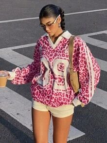 Muchica Pink Leopard Print Women's Sweatshirt - Pink - View 1