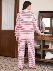 Doze Lane Women's Knitted Casual Sports Striped Long Sleeve Plus Size Pajama Set - Multicolor - View 3