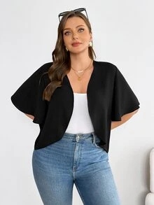 SHEIN Essnce 休閒黑色紋理布料大尺碼女款短袖輕便夾克 - 黑色 - 查看 3