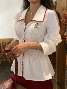 DAZY Women's Colorblock Pleated Casual Versatile Daily Wear Shirt Fall Vacation - White - View 4