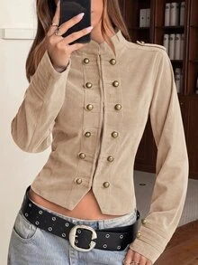 Muchica Vintage Retro Beige Corduroy Double Breasted Jacket – Autumn Casual Elegant Festival Vacation Outerwear For Women, Holiday Night Outfit Everyday - Apricot - View 7