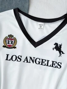 SHEIN 青少年女孩秋季時尚V領拼色字母與數字印花長袖T恤，修身剪裁，返校穿搭 - 黑與白 - 查看 4