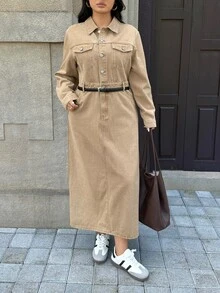 Rivivi Plus Size Women's Khaki Long Sleeve Slim Fit Flattering Denim Dress - Khaki - View 3