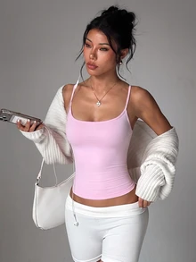 SHEIN Dewbera 女款無縫瑜伽運動背心，露背細肩帶設計 - 粉色 - 查看 2