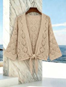 SHEIN Holidaya 女款夏季新穿搭，夏季上衣，女款夏季套裝，沙灘穿搭，女款象牙色鏤空針織開襟衫－V領 3/4 袖，菱形鏤空圖案，腰部自繫結，浪漫波西米亞魅力與休閒疊穿風格 - 卡其色 - 查看 4