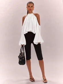 SHEIN BAE 女款純色露肩休閒百搭日常穿著襯衫 - 白色 - 查看 5