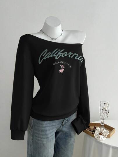 Elamini Women's Asymmetrical Collar Letter Embroidery Loose Casual Streetwear Sweatshirt For Fall Y2K Outfit Travel Black And Pink