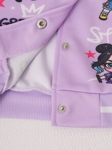 SHEIN Elladie kids Girls' Spring/Autumn Pink & White Colorblock Baseball Jacket, Cartoon Girl Star & Letter Print, Ribbed Stand Collar, Single-Breasted, Short Length, Lo - Purple - View 5