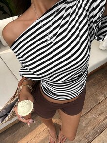 Aloruh Asymmetrical Shoulder Loose Top With Ruched Waist, Simple Basic Striped T-Shirt - Black and White - View 1
