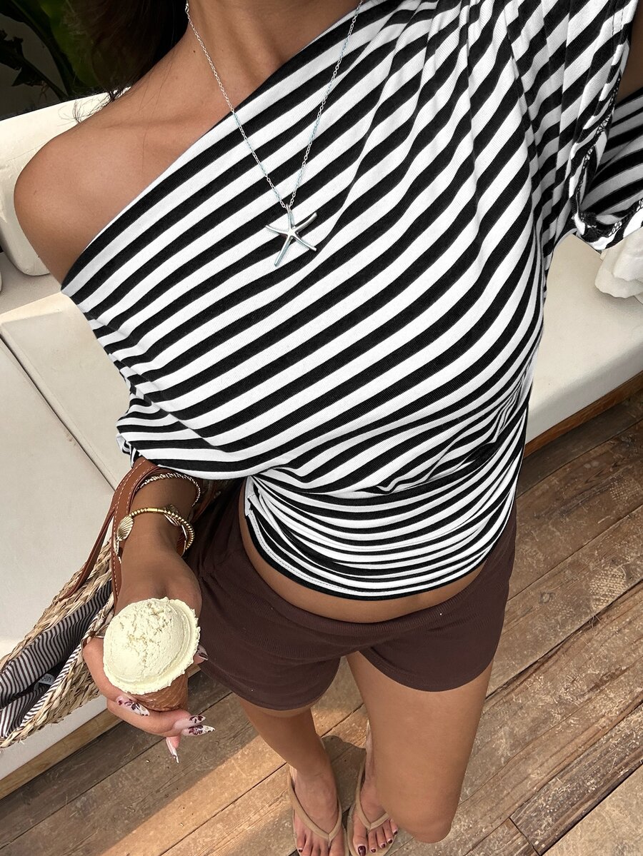 Aloruh Asymmetrical Shoulder Loose Top With Ruched Waist, Simple Basic Striped T-Shirt - Black and White - View 1
