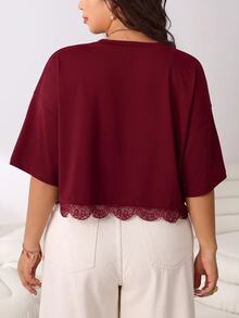 Solflare Burgundy Lace Patchwork Casual Plus Size Women's T-Shirt - Burgundy - View 5