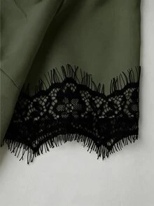 SHEIN Raffinéa Blus Lengan Pendek Satin dengan Hem Asimetris, Busana Musim Panas Elegan untuk Wanita, Motif Patchwork Renda Prancis - Hijau Tentara - View 5
