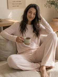 Livesso Set Pakaian Tidur Rumah Kasual Sehari-hari untuk Wanita, Atasan Lengan Panjang dan Celana Warna Polos, Musim Gugur - Berwarna merah muda - View 7