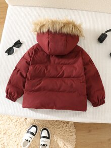 SHEIN Young Boy Plush Patchwork Solid Color Zipper Casual Versatile Winter Padded Coat - Burgundy - View 2