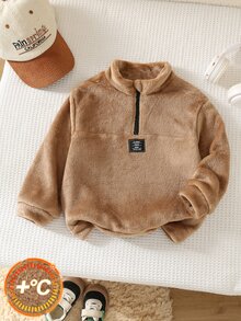 SHEIN Boys Casual Versatile Plush Kids Stand Collar Loose Fit Autumn Winter Sweatshirt Mid-Weight - Brown - View 1