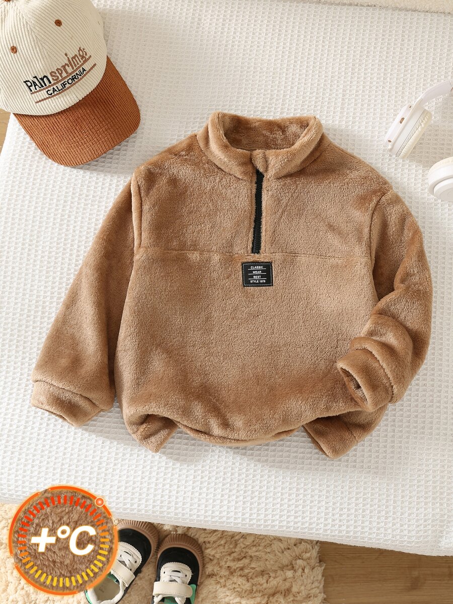SHEIN Boys Casual Versatile Plush Kids Stand Collar Loose Fit Autumn Winter Sweatshirt Mid-Weight - Brown - View 1