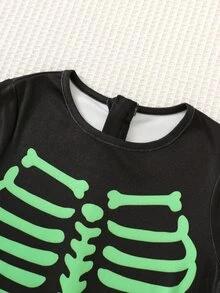 SHEIN 小男孩簡約修身圓領長袖連身褲，附螢光發光效果，適合秋冬、萬聖節、派對 - 黑色 - 查看 5