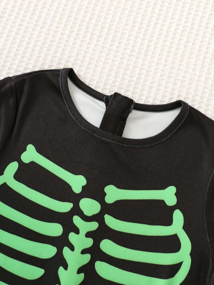 SHEIN Young Boy Simple Slim Fit Crew Neck Long Sleeve Jumpsuit With Glow-In-The-Dark Effect, Suitable For Autumn/Winter, Halloween, Party - Black - View 5