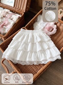SHEIN 女童 4-7 歲白色棉混紡多層裙，觸感柔軟，時尚甜美，適合學校、外出等多種場合 - 白色 - 查看 1