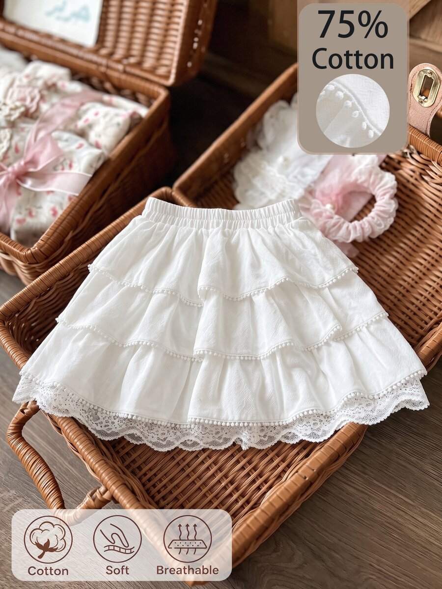 SHEIN 女童 4-7 歲白色棉混紡多層裙,觸感柔軟,時尚甜美,適合學校、外出等多種場合 - 白色 - 查看 1