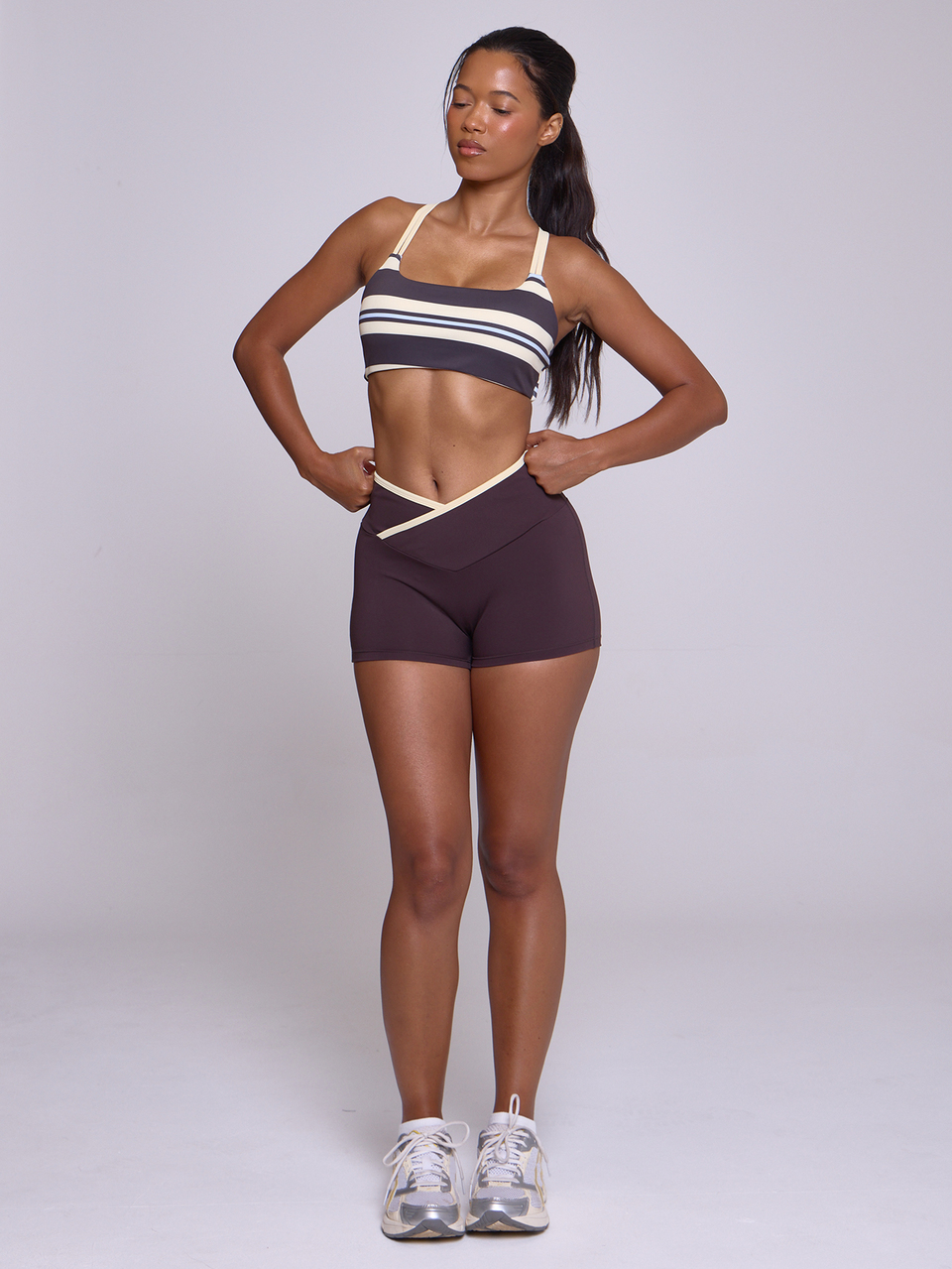 Brown Butter Yellow Contrast Colour Stripe Double Layered Strap Cross Back Sports Bra