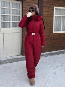 Muchica 白色人造毛帽加厚女款連身褲，適合秋冬雪地玩樂 - 酒紅色 - 查看 5
